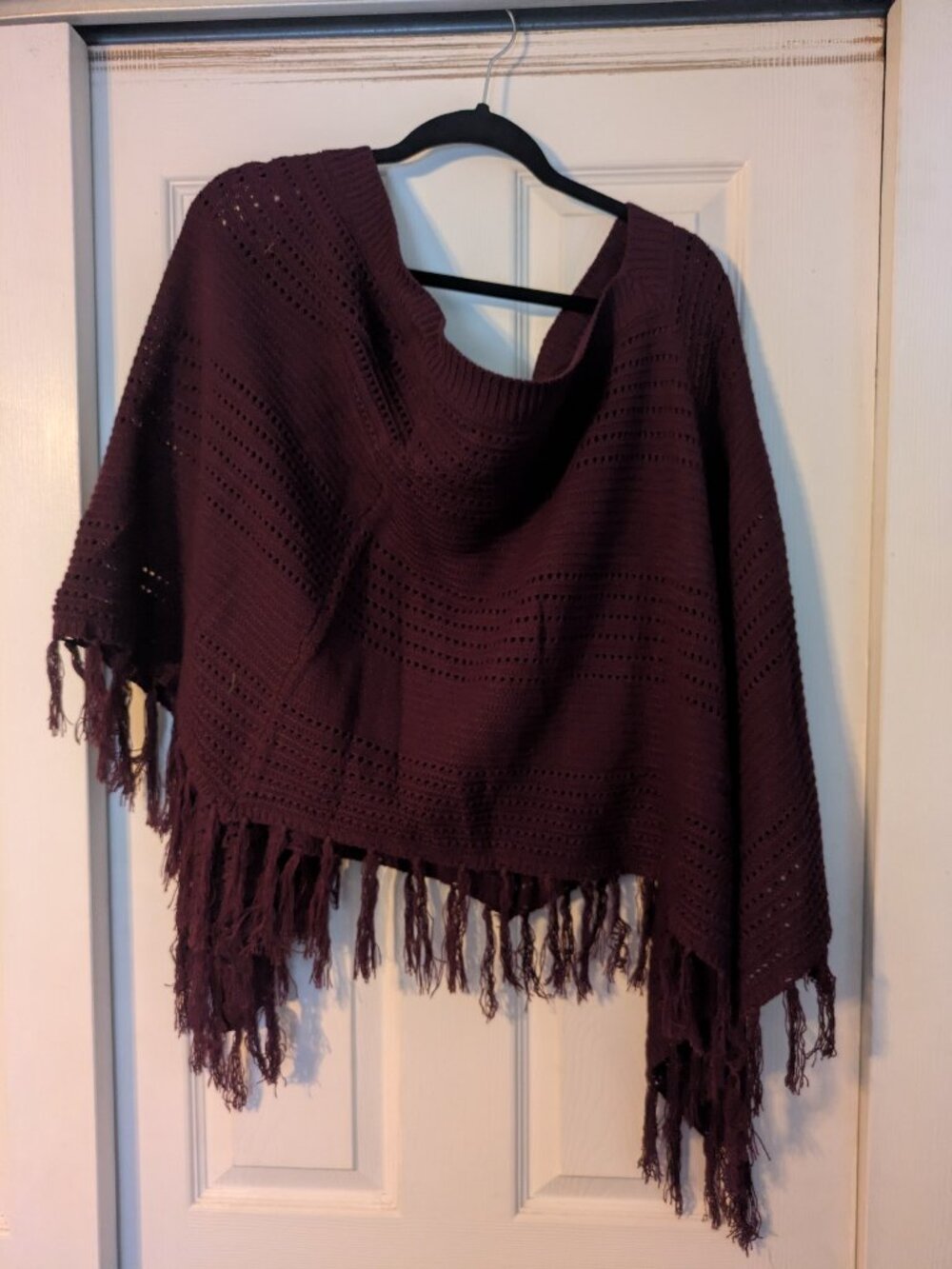 Burgundy Open Knit Fringe Asymmetric Poncho Sweater | One Size